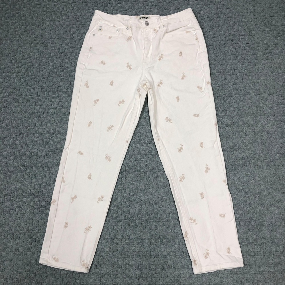 Seven7 Straight Jeans Womens 10 White Cream Embroidered Floral Stretch Denim
